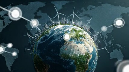 The Energy of Tomorrow: A captivating visual showcasing the globe, adorned with wind turbines and intricate connectivity, symbolizes the dawn of sustainable energy and interconnectedness. - Powered by Adobe