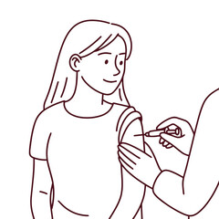 Line art of woman receiving vaccine shot during pregnancy. Represents prenatal health and prevention