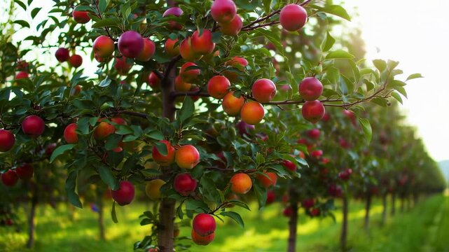 Plum Orchard: A Serene Visual Journey through Rows of Fruit-Laden Trees in the Morning Light