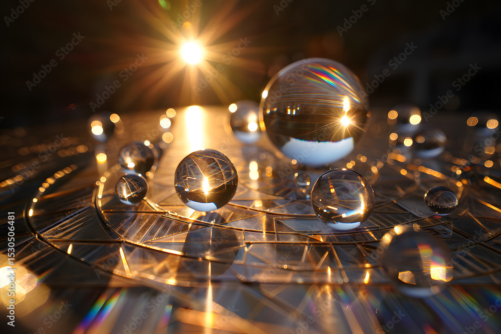 Poster shiny spheres reflecting light on a metallic surface creating a mesmerizing abstract composition