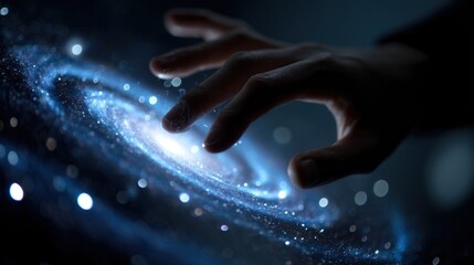 A futuristic interface showing a childs hand reaching out to a holographic projection of a swirling galaxy as an intelligent companion suggests plot twists for their bedtime story with