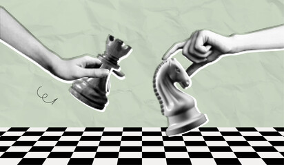 Trendy Halftone Collage Hands hold chess pieces. Abstract chessman. Game strategy. Strategic leader. Challenge your opponent. Paper texture. Contemporary vector illustration art