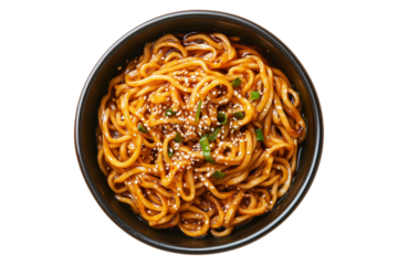 Cooked Asian Dan Dan noodles with minced meat, chili and basil in ceramic bowl, isolated on white transparent background, concept of tasty lunch