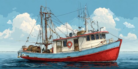 Vintage Fishing Boat Illustration on Water - Marine Vessel and Fishing Industry Scene