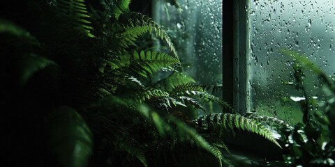 Dark Atmospheric Photo of Wet Green Ferns and Leaves Against Rainy Window