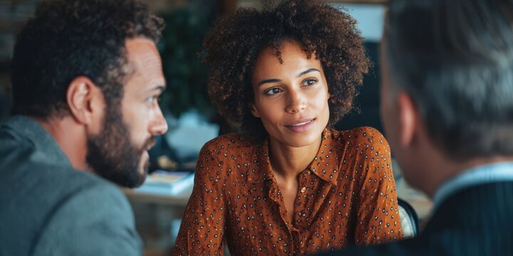 Mixed Race Couple Consulting Financial Advisor in Modern Office