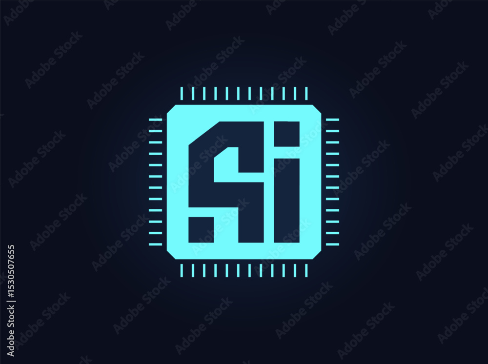 Poster AI chip symbol with geometric lines and CPU microchip shape. Futuristic secure logo for tech company, innovation, automation, neural network, smart systems. Vector illustration.