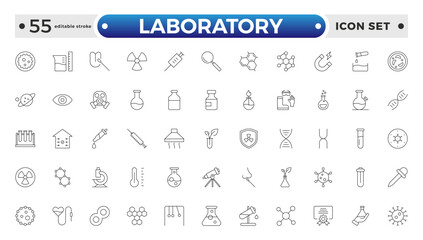 Laboratory outline icon set. Chemistry doodle illustration including icons. Containing experiment, test tube, microscope, flask, chemical, biology, and research. Editable stroke outline icon.
