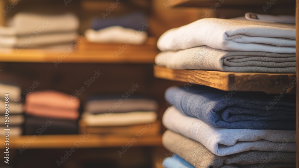 Poster neatly folded colorful textiles on wooden shelves create an inviting atmosphere.