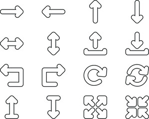 A minimal set of 16 black-outlined arrows with rounded edges.
Ideal for wireframes and monochrome layouts.