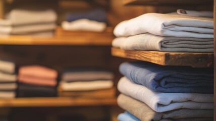 Neatly folded colorful textiles on wooden shelves create an inviting atmosphere.