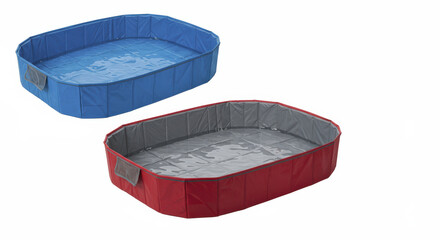 Two Foldable Bath Pools in Blue and Red with Water on White