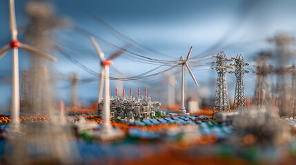 Miniature City Of Energy Production With Wind Turbines Solar Panels And Power Plants