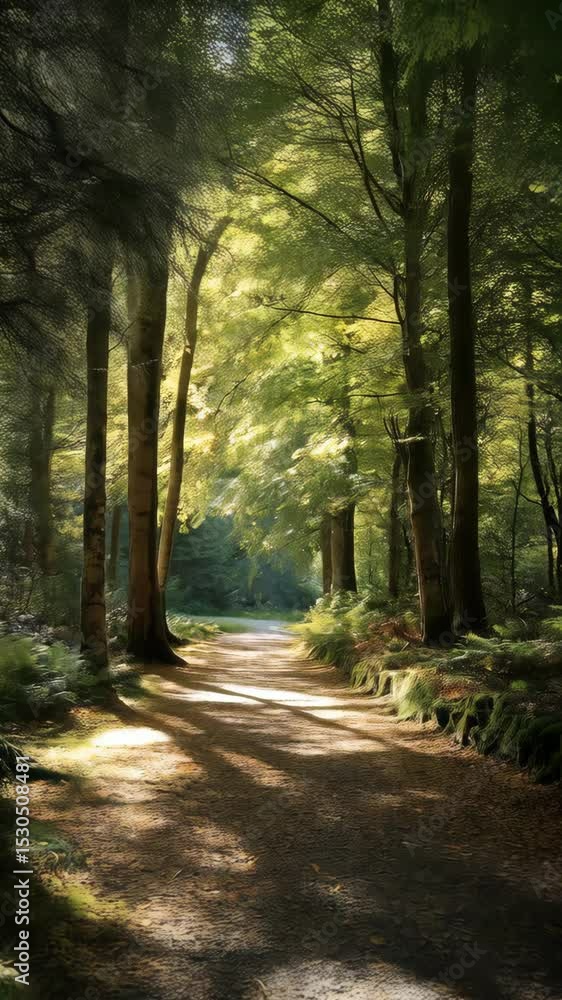 Poster path through a lush green forest with sunlight filtering through the trees creating a peaceful atmos