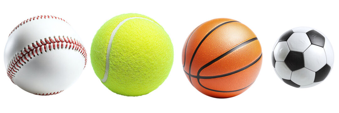 Set of various balls for sports isolated on transparent background PNG. Baseball, tennis, basketball, football