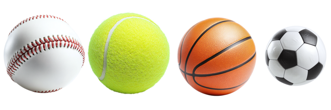 Set of various balls for sports isolated on transparent background PNG. Baseball, tennis, basketball, football