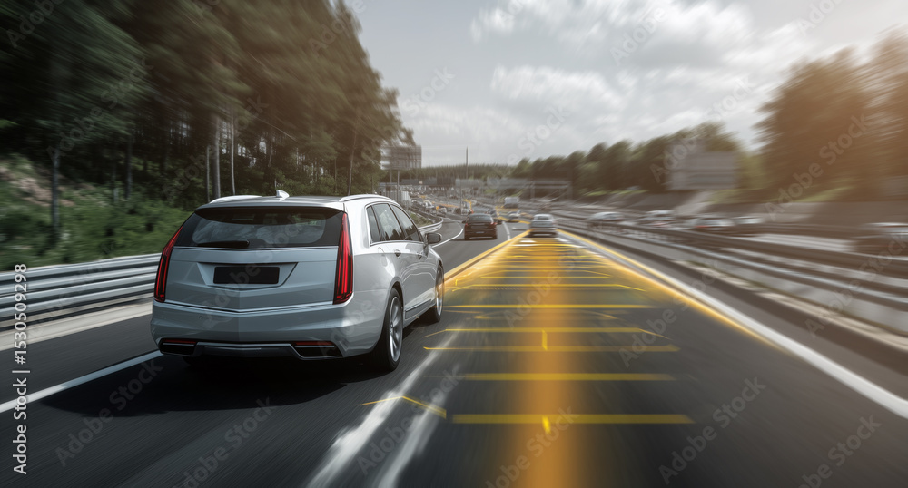 Poster multiple vehicles travel along a busy multi-lane road, showcasing various speeds and maneuvers. the 