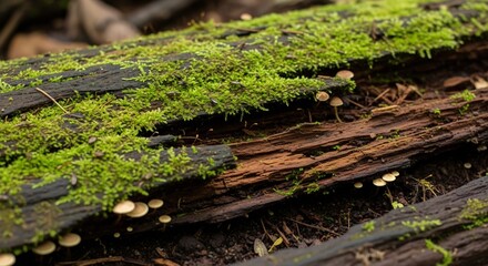 Rotten Log Covered in Moss and Small Mushrooms, a Decomposition Nature Scene