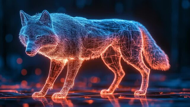 Futuristic wolf hologram standing on digital surface, creative technology