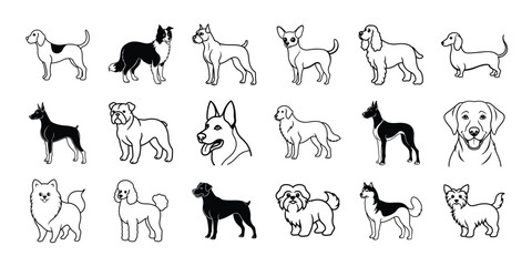 18 dog breed silhouette line art set  vector on white backgrounds 