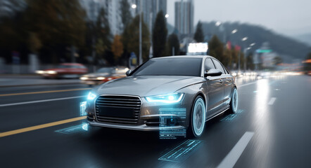 Modern vehicles navigate through busy lanes on a city road during overcast weather. Advanced technology is evident in the vehicles, showcasing innovation in urban transportation systems.