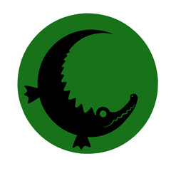 Playful black alligator or crocodile with sharp teeth and an eye, set within a solid dark green circle