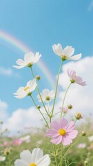 White and Pink Cosmos Flowers with a Rainbow in Blue Sky