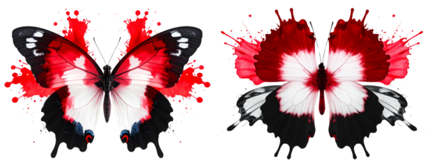 Symmetrical Red, Black, and White Ink Splatter in Mirror Pattern, isolated on a transparent background.