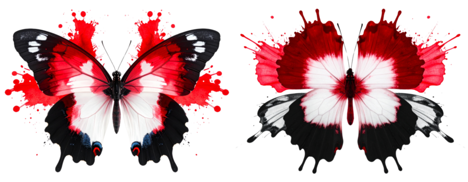 Symmetrical Red, Black, and White Ink Splatter in Mirror Pattern, isolated on a transparent background.