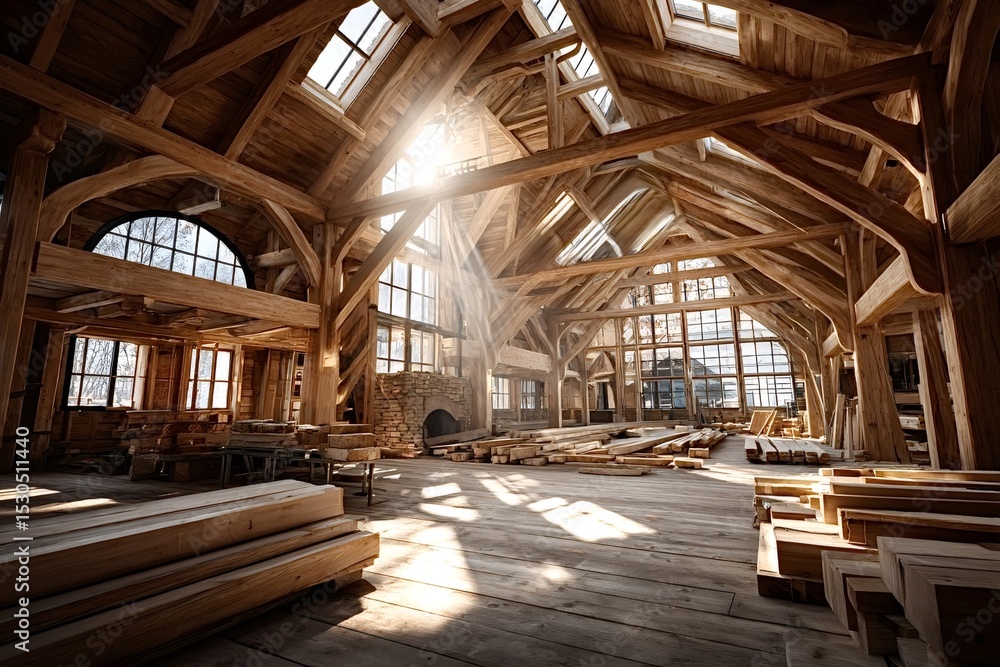 Poster sunbeams illuminating a large wooden building under construction highlight the intricate framework a