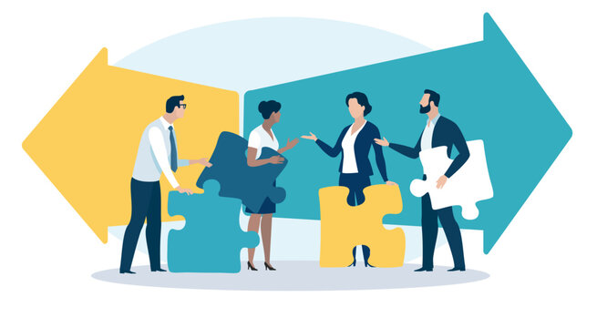 Problem solving and finding the right direction. People holding puzzle pieces symbolizing opinions and discussing direction. Vector illustration.
