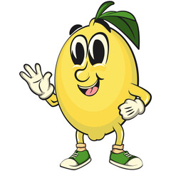 cute lemon mascot cartoon wave hands, fun citrus character vector for summer, work of hand drawn