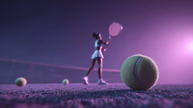 Focused tennis player serving a ball on a court, illuminated by purple stadium lights for dramatic effect and energy.