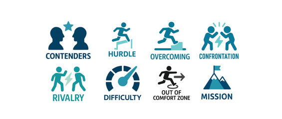 Challenge and Competition Icon Set - Business Rivalry and Personal Growth Vector Illustrations