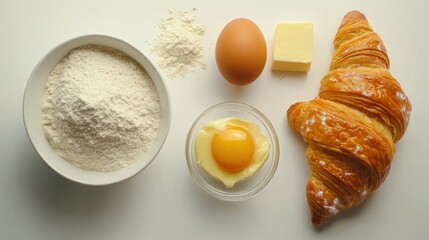 detailed baking ingredients flat lay for making croissants, flour, butter