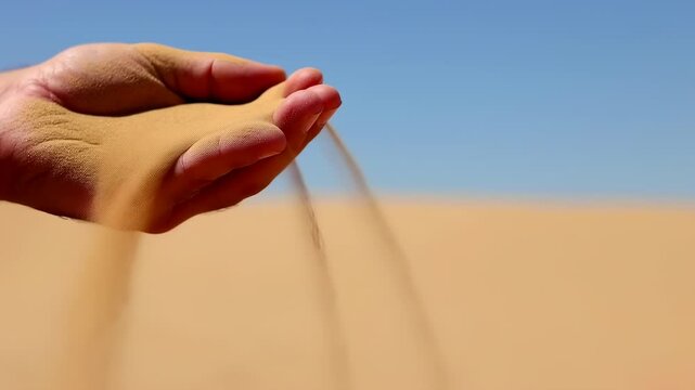 Hand Holding and Letting Sand Fall in the Desert Landscape, Symbolizing Time and Change