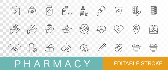 Pharmacy icon set. Set collection. Thin line . Editable stroke. Minimalist icon set. Vector illustration 
