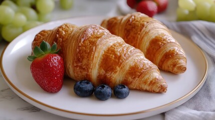 luxury hotel breakfast buffet featuring croissants and fruit,