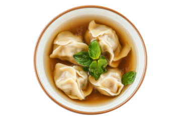 Steamed Dumplings served in hot Wonton Soup garnished with cilantro and scallions, isolated on white transparent background, concept of Asian cuisine