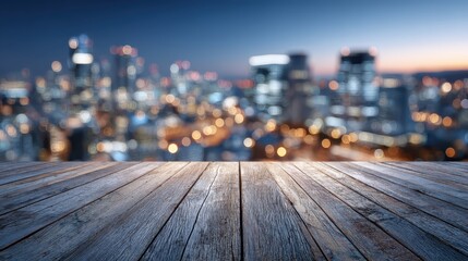 A wooden table is set against a blurred city skyline at dusk, showcasing a vibrant urban atmosphere. The distant lights twinkle, creating an inviting ambiance suitable for various uses