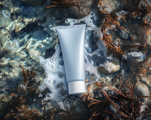 Grey cream tube with white cap lies on seashore among algae in water wave. Horizontal mockup of organic cosmetics. Top view of matte plastic packaging, biophilic presentation