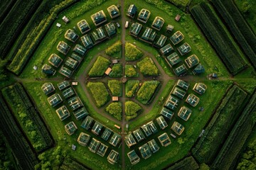 Obraz premium Aerial View Reveals Octagon Farm Layout Featuring Greenhouses, Floral Gardens, and Adjacent Agricultural Fields in Rural Setting
