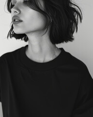 Black and white profile photo of woman in loose black T-shirt