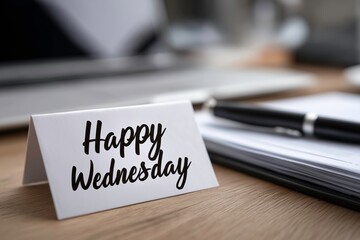 Happy Wednesday Sign on Desk with Office Supplies in Modern Workspace