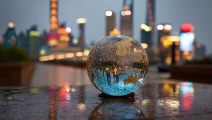 Crystal globe reflecting city lights