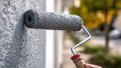 Gray paint roller on textured wall