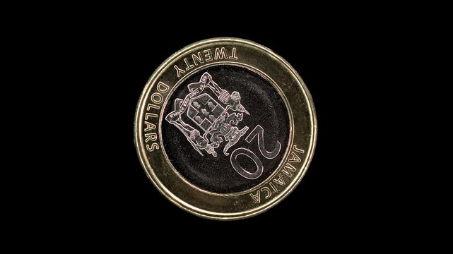 Jamaica 2015 20 dollars coin obverse with coat of arms rotating on black background