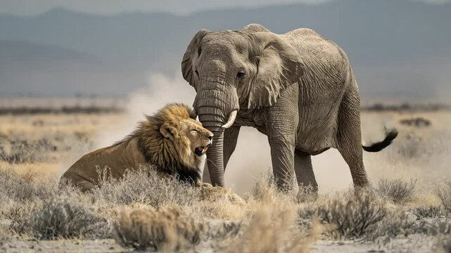 Elephant and Lion's Standoff: Witness a dramatic moment as a majestic African elephant confronts a roaring lion in the open savannah. A captivating portrayal of dominance and survival in the wild.