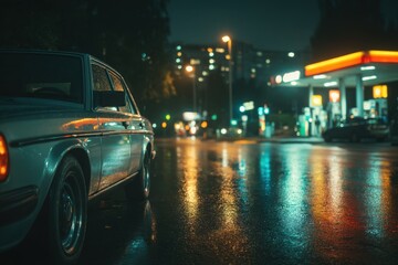 Vintage car parked on wet street at night with blurred city lights and gas station in background, showcasing urban scene