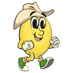 cute lemon mascot cartoon walking wearing a cowboy hat, fun citrus character vector for summer, work of hand drawn